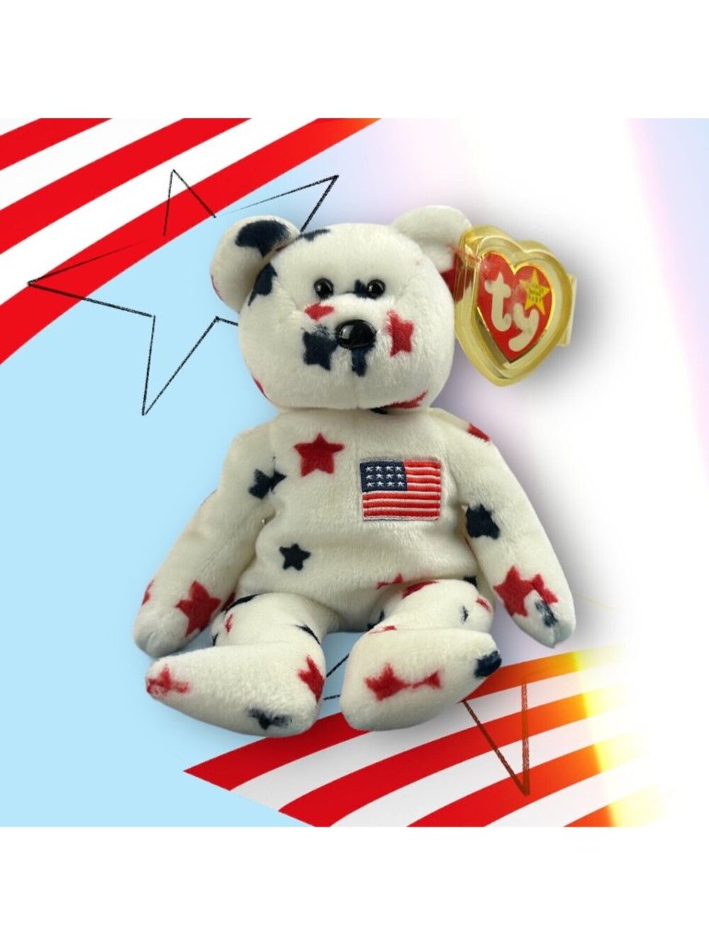 Ty Beanie Baby Glory Bear 1997 Red White & Blue Stars USA Flag Plush Toy
